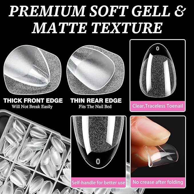 AddFavor Short Almond Gel Nail Tips, 240pcs Acrylic Nail Tips Almond Full Cover Clear Press on Nails False Tips for Nail Extension, 12 Sizes Short Fake Nails