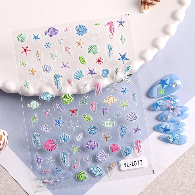 5 Sheets Summer Series Nail Stickers Embossed Nail Art Stickers Swimsuit Nail Decals with Swimming Ring Ice Cream Designs Cute Ocean DIY Self-Adhesive Nail Art Supplies