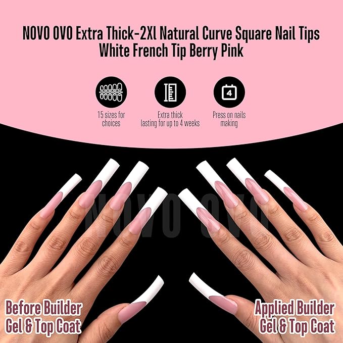 NOVO OVO Halloween XXL Sharp Square Slight Curved Nail Tips French Tip BERRY PINK, Full Cover Press on Acrylic, Extra Thick Soft Gel False Nail, NEED Builder Gel Top Coat Glue x 15 Sizes 150 pcs