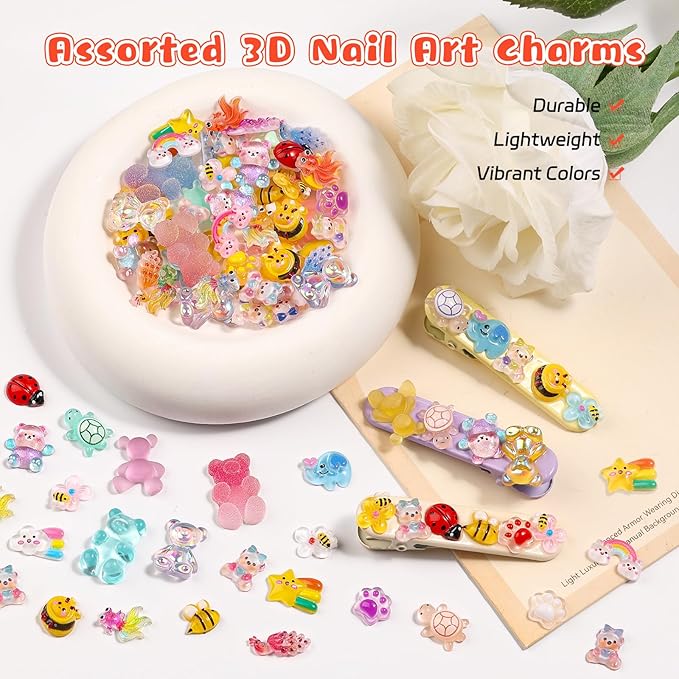 190PCS Animal Nail Charms Kit, 3D Cute Gummy Bear Bee Bunny Resin Charms for Nail Art Design, Kawaii Accessories Bulk with Tweezers for DIY Crafts, Slime, Phone Cases & Crocs