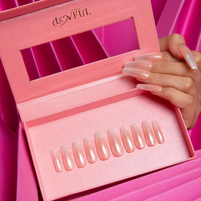 LOVFUL Press on Nails Blushing Bride | Handmade with Full Covered Crystals | Reusable Full Cover Nails | Coffin Classic Regular 1.3 in | H21-L
