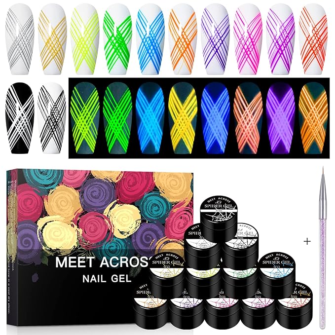 12 Colors Luminous Spider Gel, Glow In The Dark Spider Gel for Nail Art, Elastic Wire Drawing Gel for Line with Brush, Soak off UV LED Drawing Gel Nail Art Design Gel with Neon Fluorescent Effect