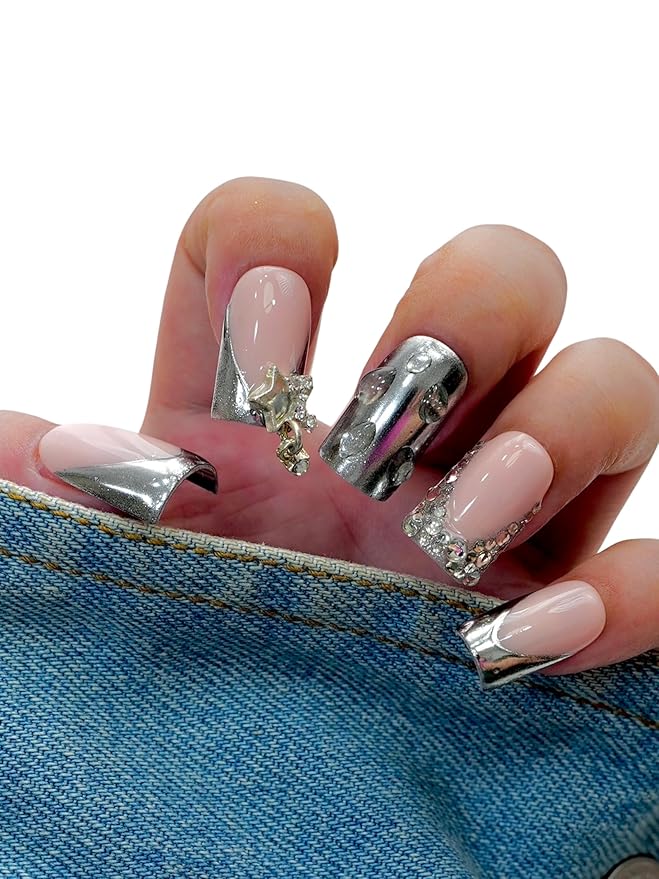 10PCS Nude Pink and Chrome Silver Press On Nails – Short Coffin Fake Nails with Rhinestones, Chain Accents & Mirror Metallic Tips, Reusable Luxury Nails for Women and Girls – Euphrosyne