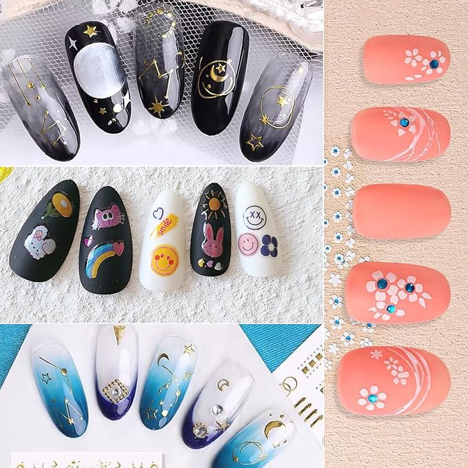 Zoance 90 Sheets Gold Nail Art Stickers & Storage Book,5000 Pieces 3D Self-Adhesive White Floral Nail Stickers with Blue Rhinestones Designs,Multicolor Nail Decals for Women Girls Manicure Decorations