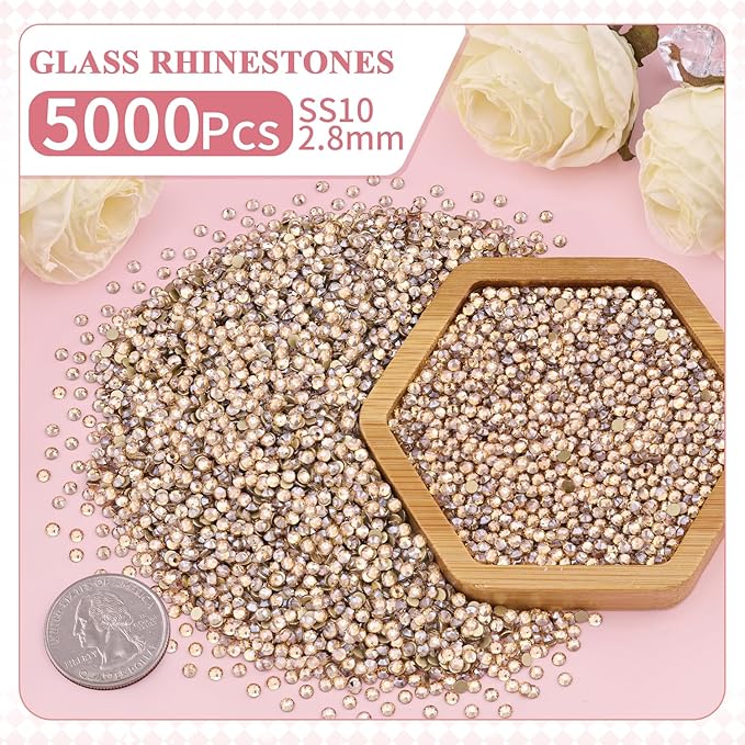 5000PCS SS10/2.8mm Crystal Rhinestones (Golden Shadow/Champagne) with 2Pcs 10ml B7000 Jewelry Glue, Bedazzling Flatback Glass Rhinestones for Crafting, Gems Diomand for Tumbler Shoes Clothing Nail Art