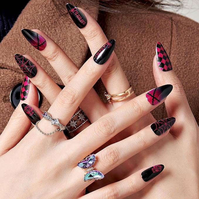 GLAMERMAID Halloween Red Press on Nails Medium Almond, Dark Glossy Jelly Soft Gel Glue on Nails Stiletto, Emo Fake Nails Short Oval, Reusable Acrylic Stick on False Nails Kit for Women