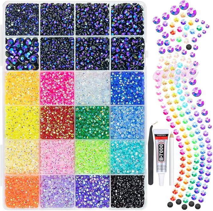 Black Violet AB Resin Rhinestones w B7000 Glue for Crafting Bedazzling 2mm-6mm Flatback Colorful Jelly Stones Diamonds Gems Bedazzler Kit for Nails Face Eyes Makeup Tumblers Bottles DIY Crafts