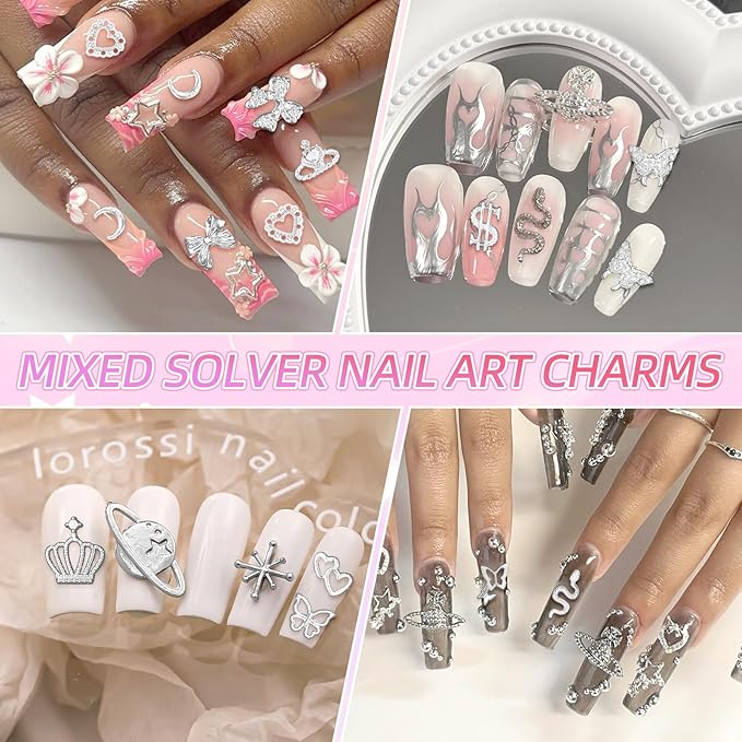 240 Pcs 3D Silver Nail Charms, Alloy Cross Star Crown Bows Nail Silver Charms, Shiny Planet Metal Nails Art Charms Snake Charm for Acrylic Nails DIY Y2K Accessories