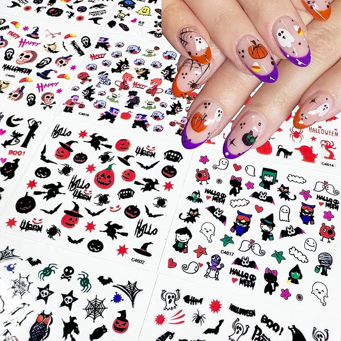90 Sheets Holiday Nail Art Stickers Halloween Christmas Snowflake Nail Decals 3D Self-Adhesive Cute Pumpkin Ghost Snowman Santa Claus Nail Stickers for Women Girls Nail DIY Manicure Party Decoration