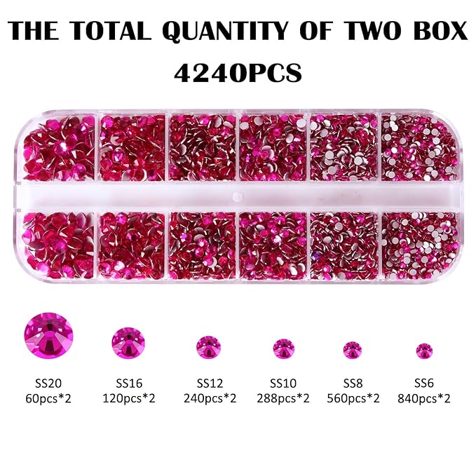 4240Pcs Peach Flatback Rhinestones 6 Sizes Crystal Diamonds for Nail Art Crafts Clothes Shoes with Tweezers and Picking Pen