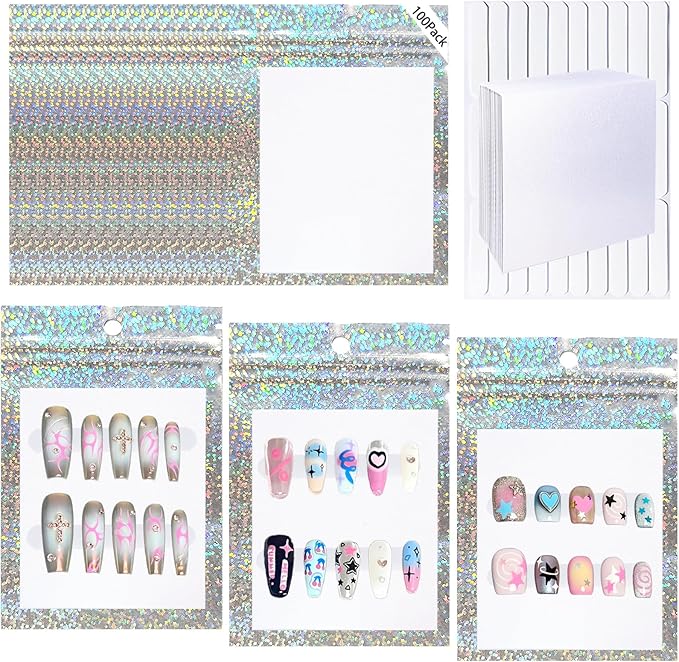 100 PCS Press On Nails Packaging Bag Holographic Nail Storage Bag and 100PCS Shiny White Pearl Card with 210 Pcs Pre-cut Nail Tape for Fasle Nail packaging Home Salon Business Use