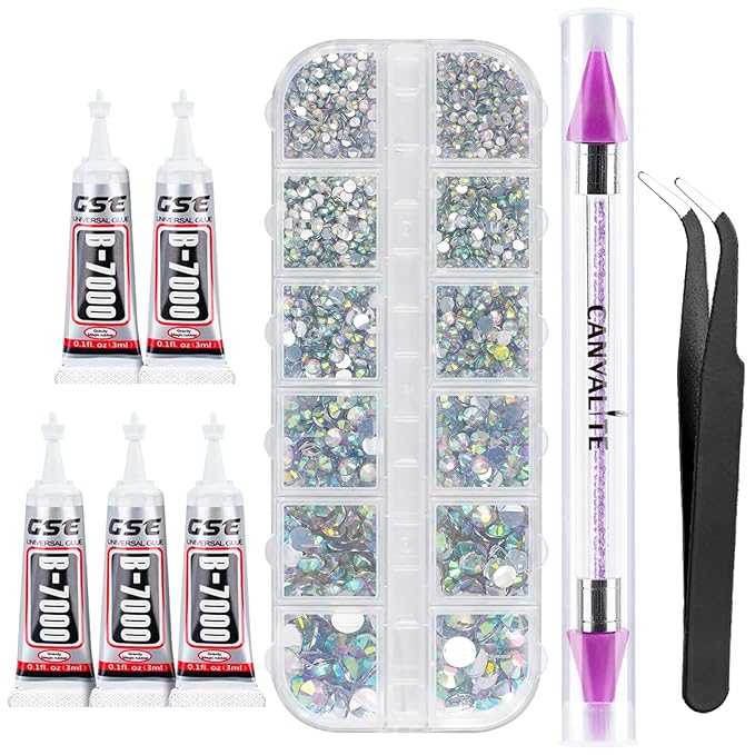 Canvalite 1500PCS Rhinestones Flat Back Gems, Nail Rhinestones Nail Art Gems with Pick Up Tweezers and Rhinestone Picker Dotting Pen, Nail Art Tools for Nails, Clothes, Face, Craft