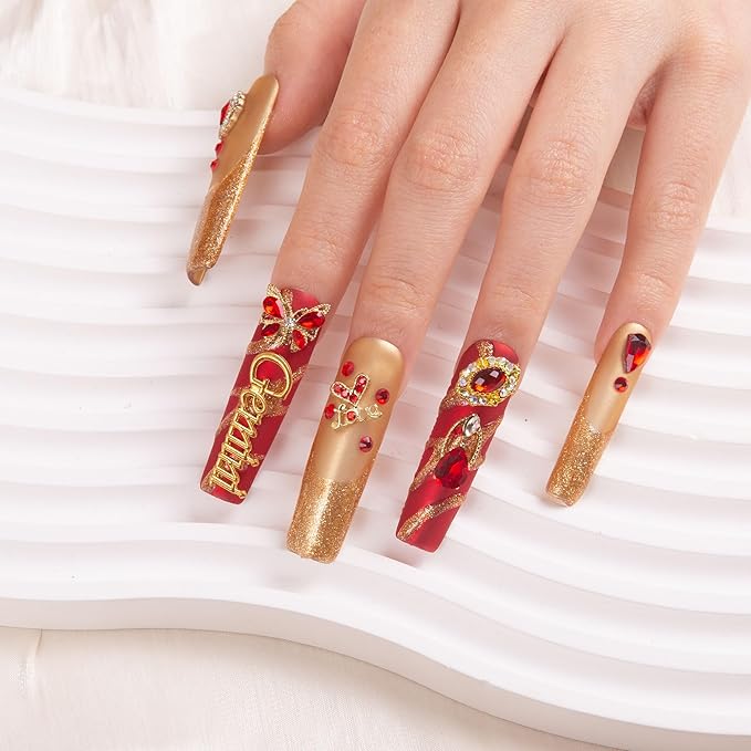 LOVFUL Press on Nails Gemini| Handmade with Full Covered Crystals| Reusable Fake Nails| Square Mid length 1.7in| H253-L