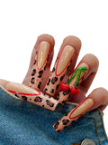 Cherry and Leopard Print Press On Nails – 10PCS Long Coffin Fake Nails with Red French Tips & 3D Fruit Charms, Reusable Glossy Summer Nails for Women and Girls – Euphrosyne