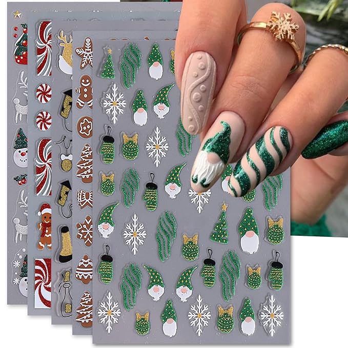 Christmas Nail Art Stickers, Self-Adhesive Green Santa Hat Snowflake Elk Xmas Tree Design for Holiday Nail Decals, Pegatinas Uñas Navidad DIY Decorations (6 Sheets)
