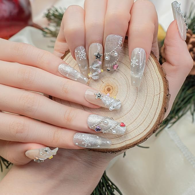 Sun&Beam Nails Handmade Press-on Medium Long Coffin Ballerina White Silver Purple Pink Christmas 3D Sweet Design Fashion False Nail Tips 10 Pcs Set (#197 S)