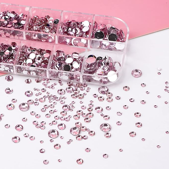 Canvalite 1500PCS Pink Rhinestones Flat Back Gems, Nail Rhinestones Nail Art Gems with Pick Up Tweezers and Rhinestone Picker Dotting Pen, Nail Art Tools for Nails, Clothes, Face, Craft