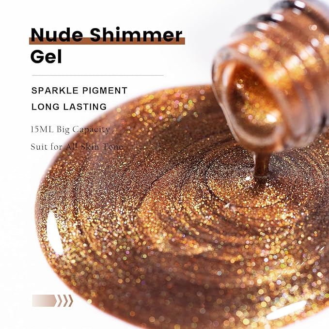 RARJSM Nude Glitter Gel Nail Polish Bronze Golden Rainbow Glitter Chunky Iridescent Sparkle Shimmer Diamond Transparent Gel Polish Single Bottle Soak off UV LED Cured for Home Salon Manicure