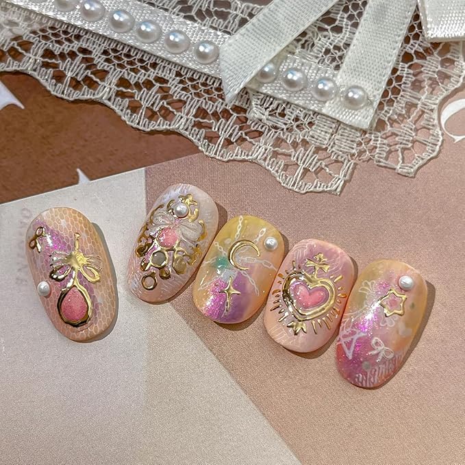 5D Embossed Gemstone Nail Stickers Self-Adhesive Valentines Nail Art Stickers Gold Heart Bow Moon Gems Designs Shiny Luxury Nails Art Supplies Cute Nail Decals for Women Manicure Decorations DIY