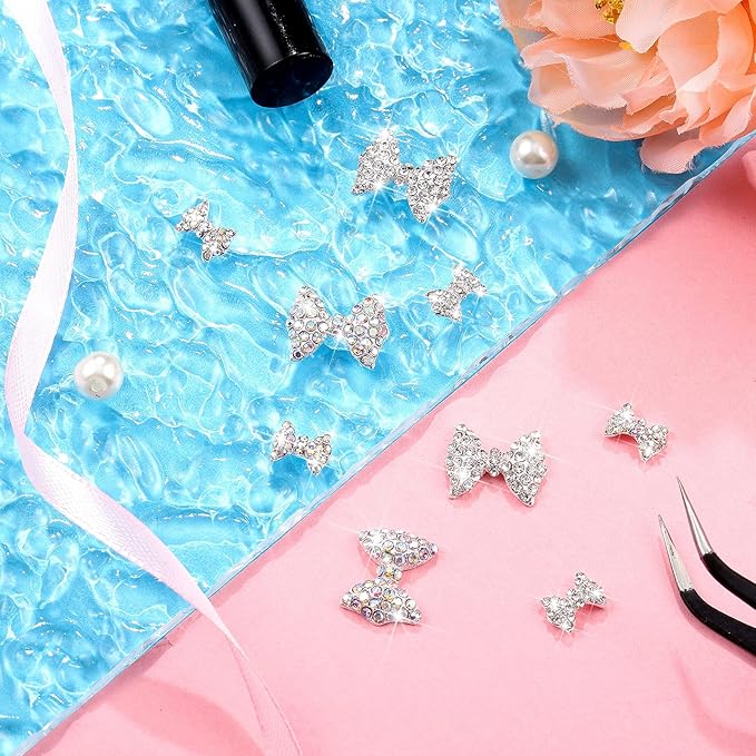 Maitys 24 Pieces Nail Bows Charms Rhinestones 3D Charms Alloy Pearl Bow Knot Accessory for Valentine's Day Women DIY Xmas Salon Jewelry Craft(Silver, Laser)