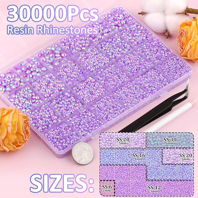 30000Pcs Lavender Purple AB Rhinestones for Bedazzling with B7000 Jewelry Glue, Bedazzler Kit Bulk Flatback Gems, Resin Rhinestones for Crafting Crafts Clothing Shoe Nail Art Assorted Size 2/3/4/5/6mm