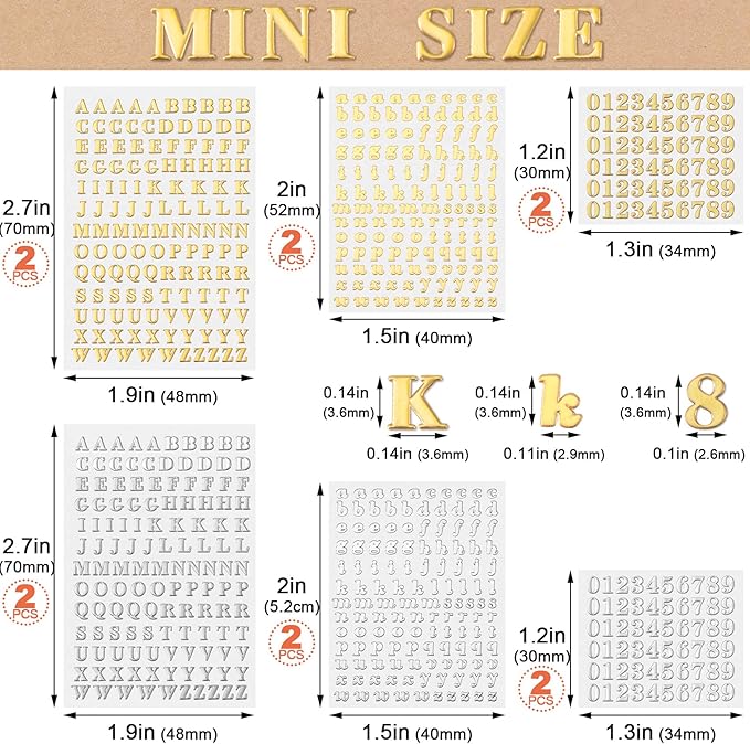 ANCIRS 12 Pack Resin Mini Letter Stickers for Nail Art, Glittering Epoxy Alphabet Number, Self Adhesive Scrapbook for DIY Craft - Gold & Silver