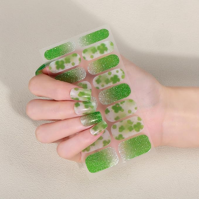 4 Sheets St. Patrick 's Day Gel Nail Stickers Irish Lucky Shamrock Nail Wraps Stickers Green Glitter French Nail Polish Strips Full Wrap Nail Strips Saint Patrick's Day Nails Supply for Women Manicure