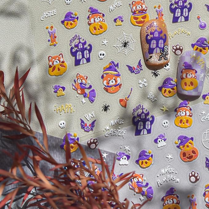 Halloween Nail Stickers 3D Self-Adhesive Magic Hat Pumpkin Nail Supplies Cute Cute Ghost Nail Decals 5D Embossed Haunted House Spider Web Nails Designs for Women Holiday DIY Manicure 1 Sheet