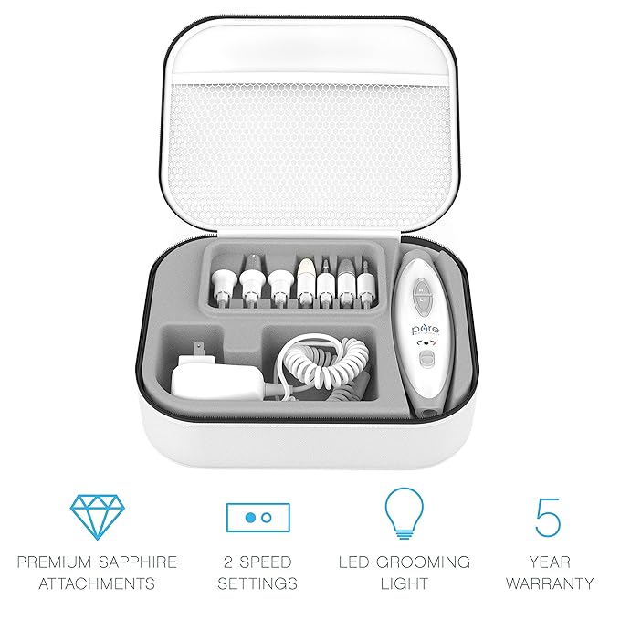 Pure Enrichment PureNails 10-Piece Professional Manicure and Pedicure Kit - Electric Nail Drill Set for Salon-Quality Grooming at Home - 7 Nail Drill Bits, 2 Speeds, LED Grooming Light and Storage Bag