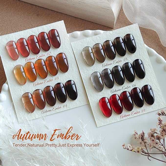 BORN PRETTY Jelly Gel Nail Polish Fall Winter Amber Crystal Brown Orange Burgundy Red Black Gel Polish Transparent Translucent Clear Nail Art Manicure DIY Home Salon 6PCS
