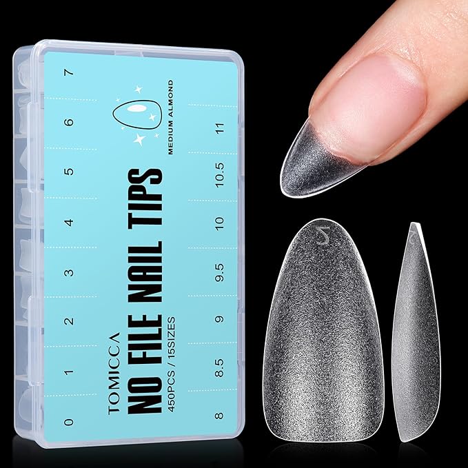 TOMICCA Almond Nail Tips - 450Pcs Acrylic Gel Nails Double-sided Matte Pre-Shaped Fake Nails, 15 Sizes Soft Full Cover Clear Gelly Press on Flase Nail Tips for Nail Extensions