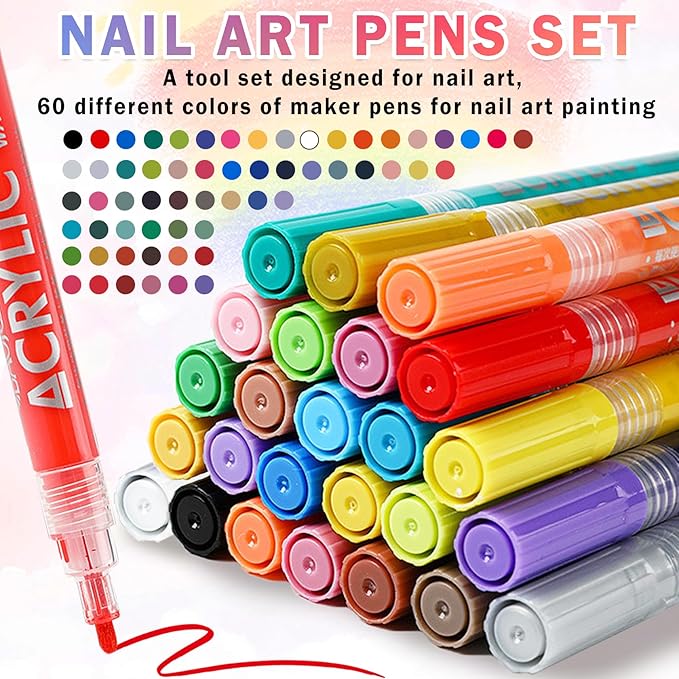 60 Colors Nail Art Pens Set Nail Polish Pens Nail Art Drawing Graffiti Marker Pen Quick Dry Waterproof Nail Art Painting Pens Kit for Home DIY Nail Art Design