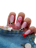 Euphrosyne Pink Jelly Press On Nails – Y2K Red French Tips with Punk Leopard Charms | 10pcs Cute Handmade Fake Nails for Daily & Party Use
