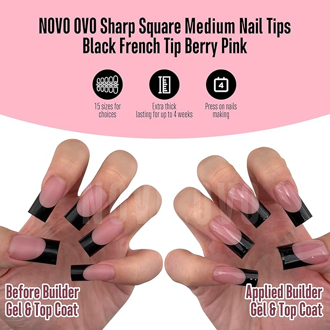NOVO OVO Medium Sharp Square Black French Tip Nail Tips Press on BERRY PINK, Extra Thick NEED Builder Glue Gel & Top Coat, Soft Gel Full Cover False Fake Nail Extension for Salon DIY x 15 Sizes 180 pc