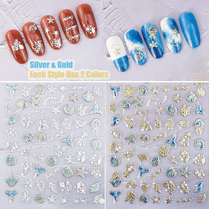 Zoance 20 Sheet 5D Embossed Nail Art Stickers,Luxury Gold Silver Nail Decals Self-Adhesive Metallic Leaves Flower Butterfly French Nail Stripe Line Stickers for Women Salon Home DIY Nail Supplies
