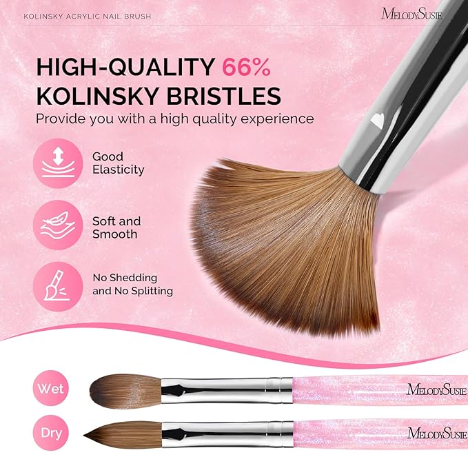 MelodySusie Kolinsky Acrylic Nail Brush,66% Kolinsky Hair Professional Nail Art Brush for Acrylic Application, Aurora Collection Fine Glitter Brush, Size 8