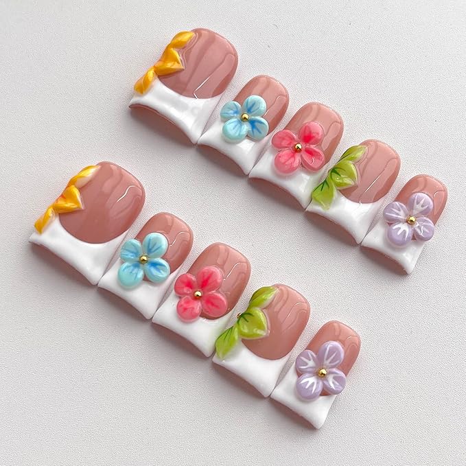 White French Tip Press on Nails Handmade Short Duck 3D Flower Thick Acrylic Nails Cute False Nails with Colorful Floral Designs Glossy Fake Nail Sturdy Art Press on Nail 10Pcs(S)