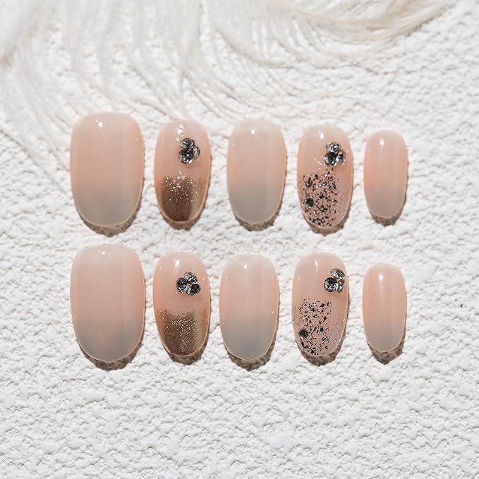Sun&Beam Nails Handmade Press-on Short Round Orange Rhinestone Ombre Hand-Painted Design Fashion False Nail Tips 10 Pcs Set (#234 S)
