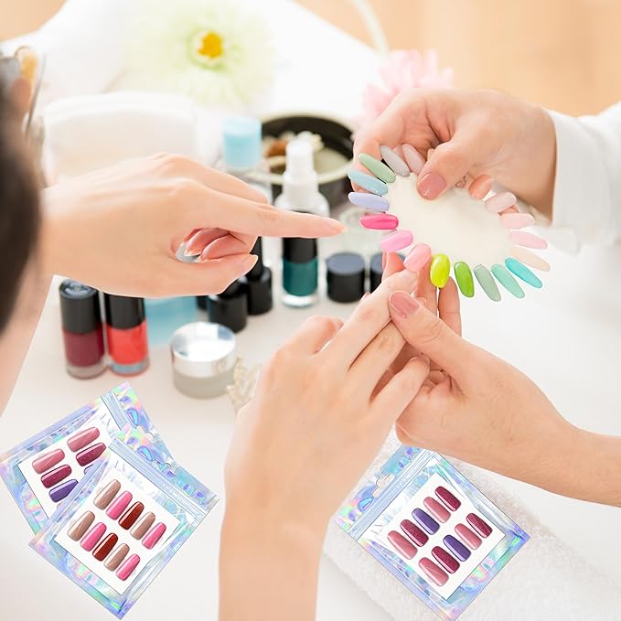 100 Sets Empty Press on Nail Packaging Including Holographic Bags White Card and Transparent Tape for Manicurist Small Business Office Home