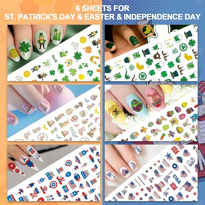 Whaline 18 Sheets All Season Nail Art Stickers Easter St Patricks All Holiday Valentine Day Fall Halloween Winter Christmas 4th of July Self-Adhesive Nail Decals for DIY Manicure Party Decor
