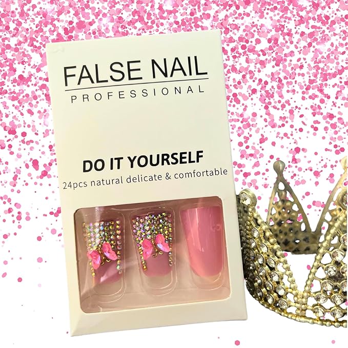 Duck Nails Press on Pink Short Junk Square Acrylic with Butterfly Charms Designs Handmade False Baddie Nails Cute Rhinestones for Women 24Pcs (Designs, duck pink)