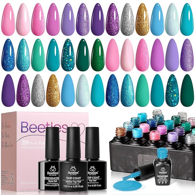 Beetles Purple Gel Nail Polish Set, 20 Colors Blue Green Pink Purple Shimmer Glitter Mermaid Gel Polish Kit with Base Top Coat Soak off Uv Nail Art Valentines Spring Gifts for Women