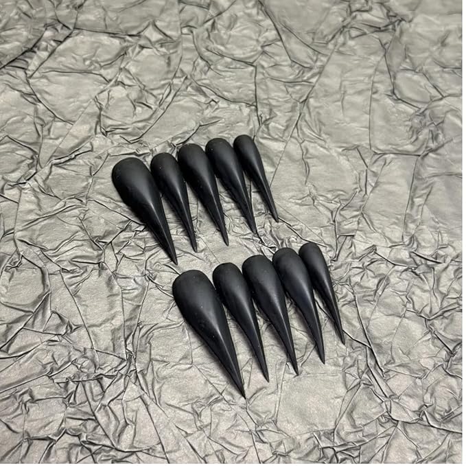 Halloween Press Claw on Nails Long Curved Stiletto Handmade Black Stick on Nails Horror Vampire Fake Nails Dragon Cat Claw Press on Nails Matte Acrylic Glue on Nail Thick (M,Black Matte Finish)