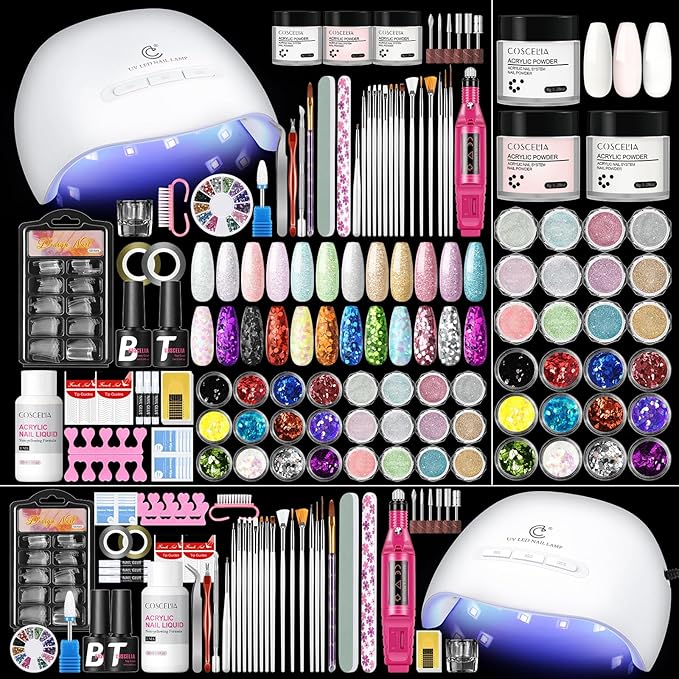 58PCS Acrylic Nail Kit for Beginners with Everything, 3 Colors Professional Acrylics Powder with Drill and U V Light 24pcs Glitter Decoration Complete Acrylic Nail Set Home Salon Design Gift Set