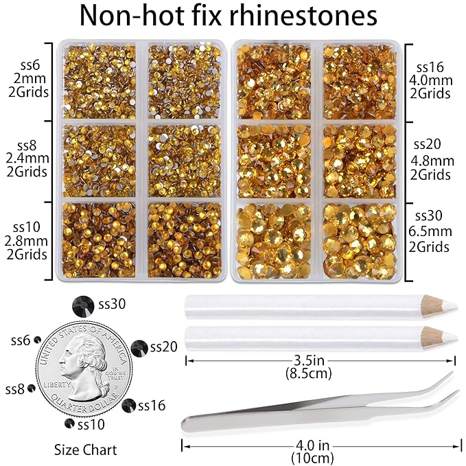 LPBeads 6000 Pieces Topaz Non Hotfix Rhinestones 6 Sizes Round Crystal Glass Flat Back Rhinestones with Tweezers and Picking Pen for Nail Art Crafts Clothes Bags DIY