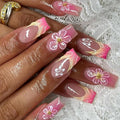 Ombre Pink Orange Press on Nails Medium Square Fake Nails with White Flower Charm Design Yellow Pink French Tips Stick on Nails Handmade Glue on Nails Glossy Summer False Nails for Women 24Pcs