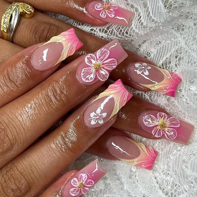 Ombre Pink Orange Press on Nails Medium Square Fake Nails with White Flower Charm Design Yellow Pink French Tips Stick on Nails Handmade Glue on Nails Glossy Summer False Nails for Women 24Pcs