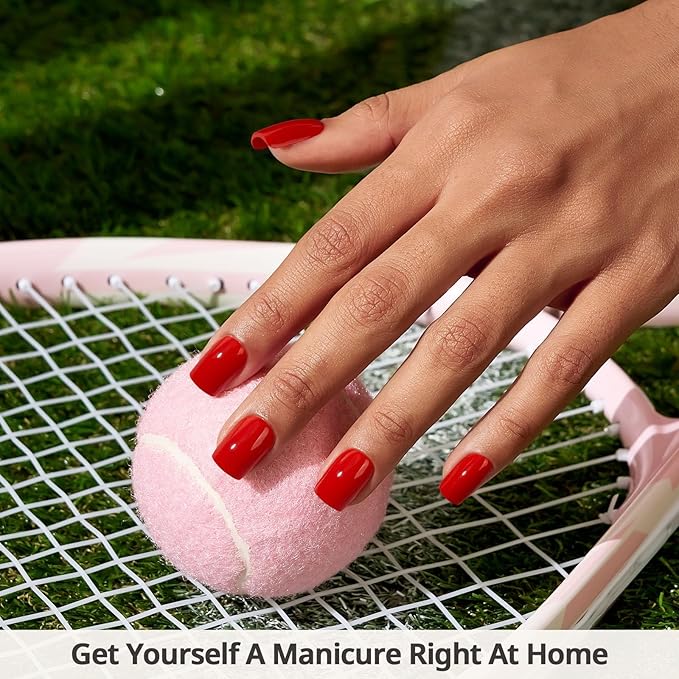 BTArtbox Press On Nails Short - Red Square Valentines Press On Nails with Glue for Women, Opaque Soft Gel Glue On Nails in 16 Sizes - 32 Stick On Nails Kit, Hot Lap