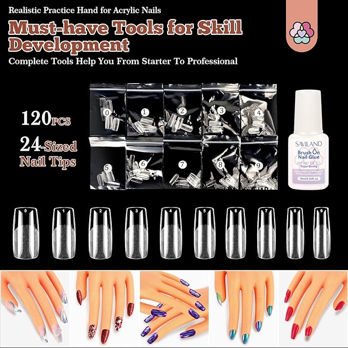 SAVILAND Practice Hand for Acrylic Nails: Flexible & Realistic Nail Practice Hand Mannequin Hand Silicone Nail Hand Practice with 120PCS Nail Tips Nail Glue for Beginners Manicure Training Home