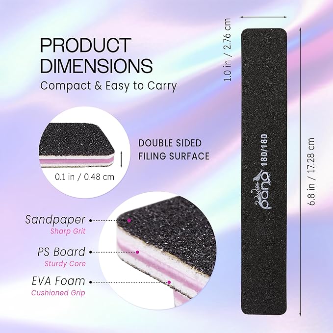 10pcs - PANA Jumbo Double-Sided Emery Nail File for Manicure, Pedicure, Natural, and Acrylic Nails - Black (Grit 180/180)